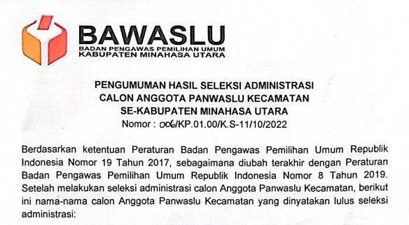 Ini Nama-Nama Panwascam Minut Yang Lulus Seleksi Administrasi